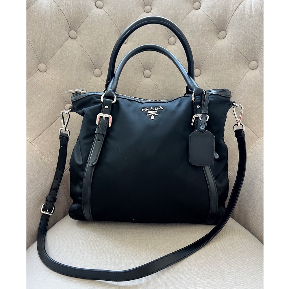 Prada Black Convertible Belted Tote Tessuto Large